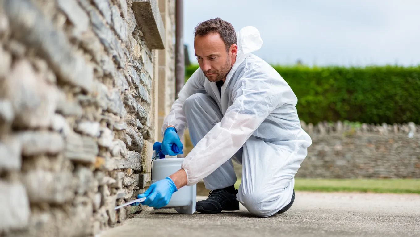 Artisan anti-nuisibles en combinaison traitant une habitation dans l'Orne